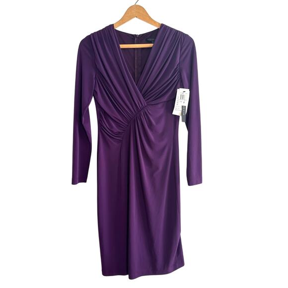 NWT David Meister Eggplant  Ruched v-neck Longsleeve Cocktail Dress Size 2 - Picture 1 of 6